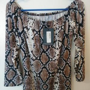 Snake print off the shoulder mini dress